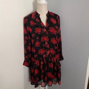 Zara Black and Red Floral Long Sleeve Dress